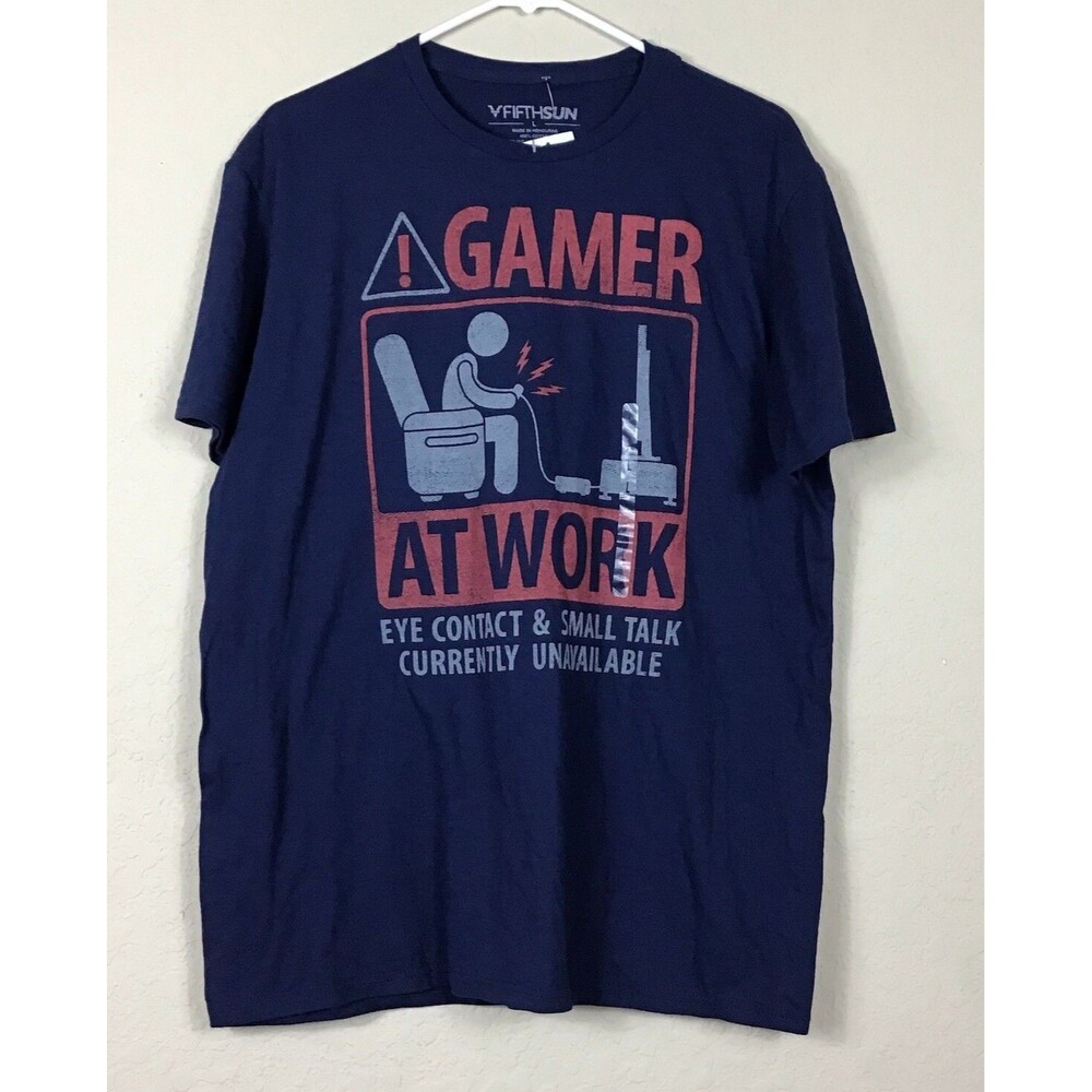 FithSun Mens Size Large T-Shirt Blue Graphic Short Sleeve Gamer At Work Cotton